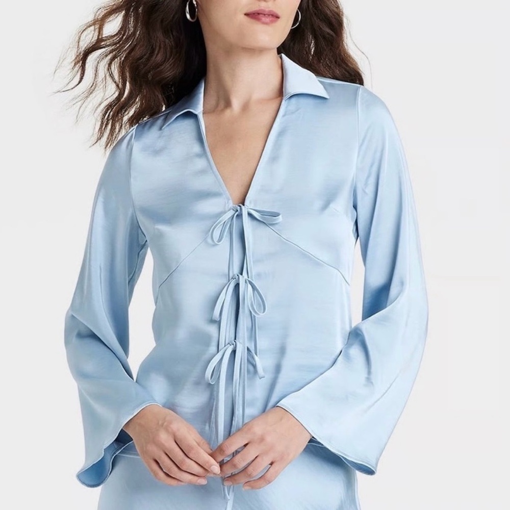 A New Day Coquette Baby Blue Satin Tie Blouse